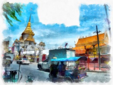 Tayland 'ın Bangkok kentindeki antik mimari ve antik sanat manzarası suluboya resim çizimi izlenimcisi.