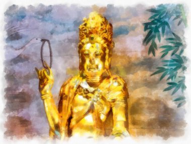 Tayland 'ın Bangkok kentindeki antik mimari ve antik sanat manzarası suluboya resim çizimi izlenimcisi.