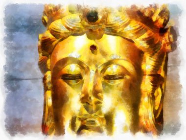 Tayland 'ın Bangkok kentindeki antik mimari ve antik sanat manzarası suluboya resim çizimi izlenimcisi.