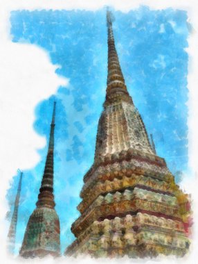 Tayland 'ın Bangkok kentindeki antik mimari ve antik sanat manzarası suluboya resim çizimi izlenimcisi.