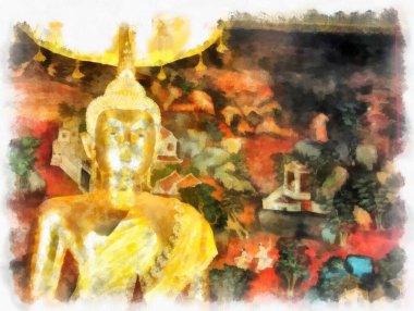 Tayland 'ın Bangkok kentindeki antik mimari ve antik sanat manzarası suluboya resim çizimi izlenimcisi.