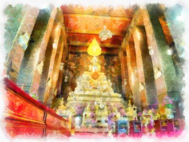 Tayland 'ın Bangkok kentindeki antik mimari ve antik sanat manzarası suluboya resim çizimi izlenimcisi.