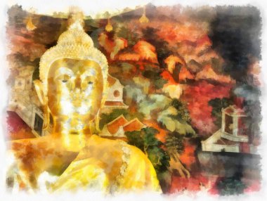 Tayland 'ın Bangkok kentindeki antik mimari ve antik sanat manzarası suluboya resim çizimi izlenimcisi.