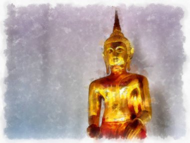 Tayland 'ın Bangkok kentindeki antik mimari ve antik sanat manzarası suluboya resim çizimi izlenimcisi.