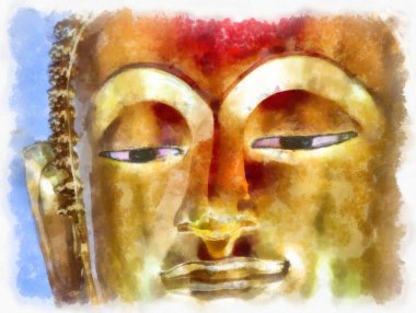 Tayland 'ın Bangkok kentindeki antik mimari ve antik sanat manzarası suluboya resim çizimi izlenimcisi.