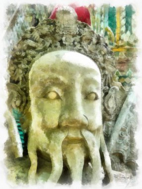 Tayland 'ın Bangkok kentindeki antik mimari ve antik sanat manzarası suluboya resim çizimi izlenimcisi.