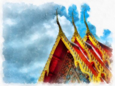 Tayland 'ın Bangkok kentindeki antik mimari ve antik sanat manzarası suluboya resim çizimi izlenimcisi.