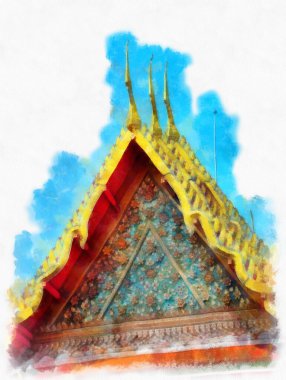 Tayland 'ın Bangkok kentindeki antik mimari ve antik sanat manzarası suluboya resim çizimi izlenimcisi.