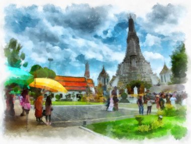 Tayland 'ın Bangkok kentindeki antik mimari ve antik sanat manzarası suluboya resim çizimi izlenimcisi.