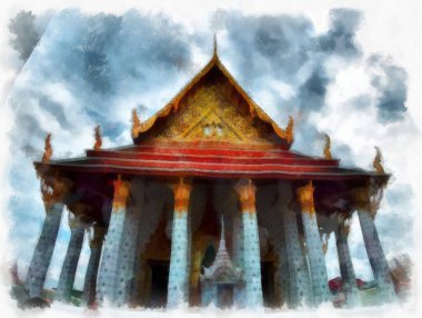 Tayland 'ın Bangkok kentindeki antik mimari ve antik sanat manzarası suluboya resim çizimi izlenimcisi.