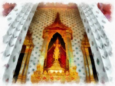 Tayland 'ın Bangkok kentindeki antik mimari ve antik sanat manzarası suluboya resim çizimi izlenimcisi.