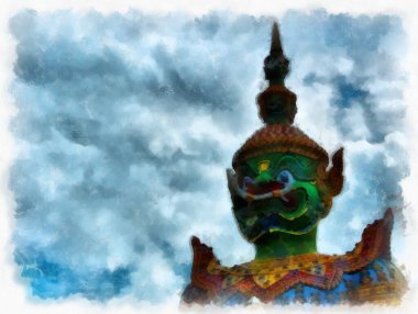 Tayland 'ın Bangkok kentindeki antik mimari ve antik sanat manzarası suluboya resim çizimi izlenimcisi.