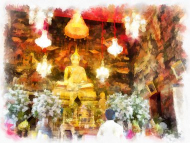 Tayland 'ın Bangkok kentindeki antik mimari ve antik sanat manzarası suluboya resim çizimi izlenimcisi.