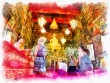 Tayland 'ın Bangkok kentindeki antik mimari ve antik sanat manzarası suluboya resim çizimi izlenimcisi.