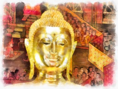 Tayland 'ın Bangkok kentindeki antik mimari ve antik sanat manzarası suluboya resim çizimi izlenimcisi.