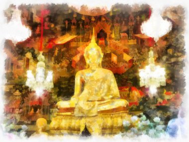 Tayland 'ın Bangkok kentindeki antik mimari ve antik sanat manzarası suluboya resim çizimi izlenimcisi.