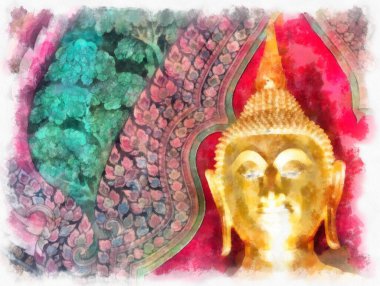 Tayland 'ın Bangkok kentindeki antik mimari ve antik sanat manzarası suluboya resim çizimi izlenimcisi.