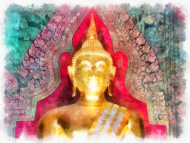 Tayland 'ın Bangkok kentindeki antik mimari ve antik sanat manzarası suluboya resim çizimi izlenimcisi.