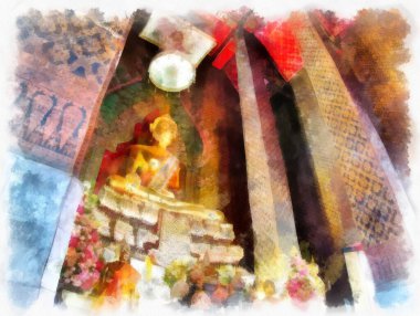 Tayland 'ın Bangkok kentindeki antik mimari ve antik sanat manzarası suluboya resim çizimi izlenimcisi.