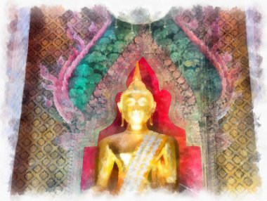 Tayland 'ın Bangkok kentindeki antik mimari ve antik sanat manzarası suluboya resim çizimi izlenimcisi.