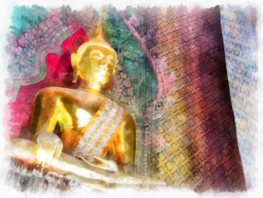 Tayland 'ın Bangkok kentindeki antik mimari ve antik sanat manzarası suluboya resim çizimi izlenimcisi.