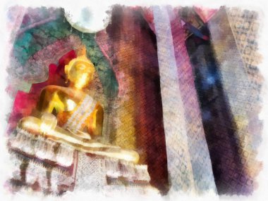 Tayland 'ın Bangkok kentindeki antik mimari ve antik sanat manzarası suluboya resim çizimi izlenimcisi.