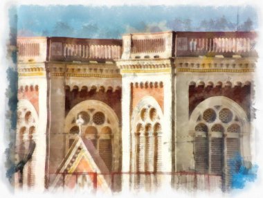 Tayland 'ın Bangkok kentindeki antik mimari ve antik sanat manzarası suluboya resim çizimi izlenimcisi.