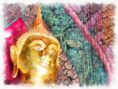 Tayland 'ın Bangkok kentindeki antik mimari ve antik sanat manzarası suluboya resim çizimi izlenimcisi.