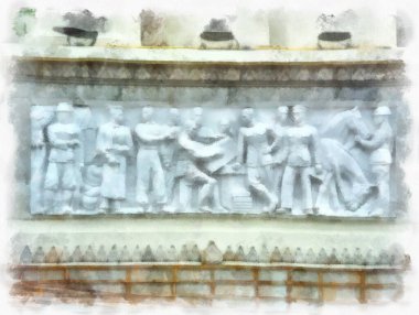 Tayland 'ın Bangkok kentindeki Demokrasi Anıtı' nın manzarası suluboya resim çizimi izlenimcisi.