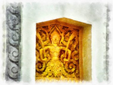 Tayland 'ın Bangkok kentindeki Demokrasi Anıtı' nın manzarası suluboya resim çizimi izlenimcisi.