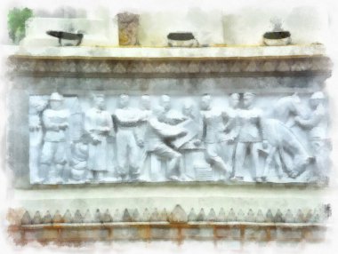 Tayland 'ın Bangkok kentindeki Demokrasi Anıtı' nın manzarası suluboya resim çizimi izlenimcisi.