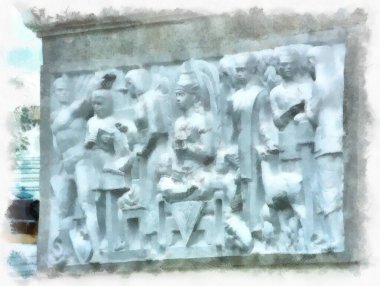 Tayland 'ın Bangkok kentindeki Demokrasi Anıtı' nın manzarası suluboya resim çizimi izlenimcisi.