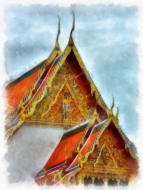 Tayland 'ın Bangkok kentindeki antik mimari ve antik sanat manzarası suluboya resim çizimi izlenimcisi.