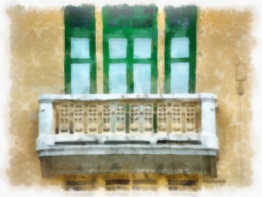 Tayland 'ın Bangkok kentindeki antik mimari ve antik sanat manzarası suluboya resim çizimi izlenimcisi.