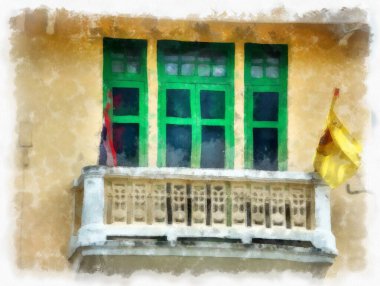 Tayland 'ın Bangkok kentindeki antik mimari ve antik sanat manzarası suluboya resim çizimi izlenimcisi.