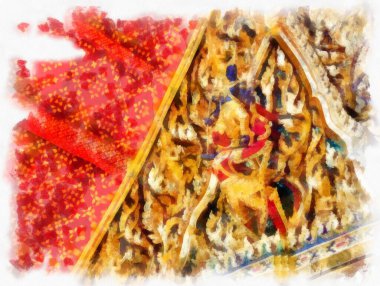 Tayland 'ın Bangkok kentindeki antik mimari ve antik sanat manzarası suluboya resim çizimi izlenimcisi.