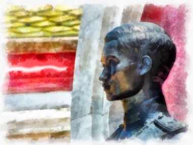 Tayland 'ın Bangkok kentindeki antik mimari ve antik sanat manzarası suluboya resim çizimi izlenimcisi.