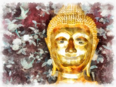 Tayland 'ın Bangkok kentindeki antik mimari ve antik sanat manzarası suluboya resim çizimi izlenimcisi.