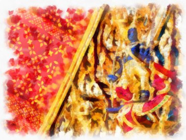 Tayland 'ın Bangkok kentindeki antik mimari ve antik sanat manzarası suluboya resim çizimi izlenimcisi.