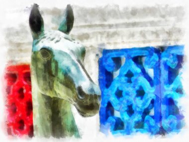 Tayland 'ın Bangkok kentindeki antik mimari ve antik sanat manzarası suluboya resim çizimi izlenimcisi.