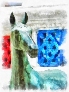 Tayland 'ın Bangkok kentindeki antik mimari ve antik sanat manzarası suluboya resim çizimi izlenimcisi.