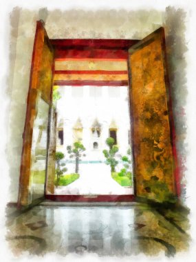 Tayland 'ın Bangkok kentindeki antik mimari ve antik sanat manzarası suluboya resim çizimi izlenimcisi.