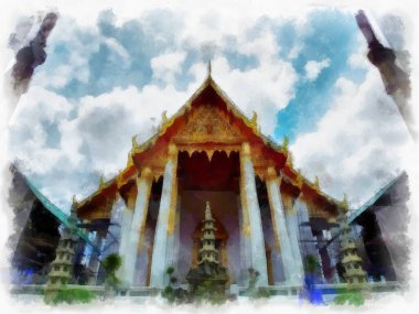 Tayland 'ın Bangkok kentindeki antik mimari ve antik sanat manzarası suluboya resim çizimi izlenimcisi.