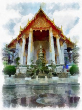 Tayland 'ın Bangkok kentindeki antik mimari ve antik sanat manzarası suluboya resim çizimi izlenimcisi.