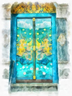 Tayland 'ın Bangkok kentindeki antik mimari ve antik sanat manzarası suluboya resim çizimi izlenimcisi.