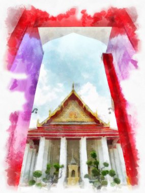 Tayland 'ın Bangkok kentindeki antik mimari ve antik sanat manzarası suluboya resim çizimi izlenimcisi.