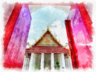 Tayland 'ın Bangkok kentindeki antik mimari ve antik sanat manzarası suluboya resim çizimi izlenimcisi.