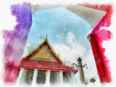 Tayland 'ın Bangkok kentindeki antik mimari ve antik sanat manzarası suluboya resim çizimi izlenimcisi.