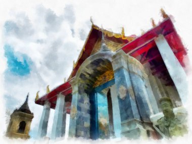 Tayland 'ın Bangkok kentindeki antik mimari ve antik sanat manzarası suluboya resim çizimi izlenimcisi.