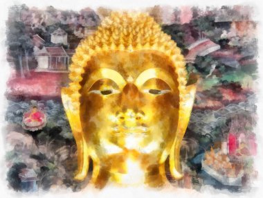 Tayland 'ın Bangkok kentindeki antik mimari ve antik sanat manzarası suluboya resim çizimi izlenimcisi.